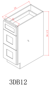 Base 12" - Almond White 12 Inches 3 Drawer Base Cabinet